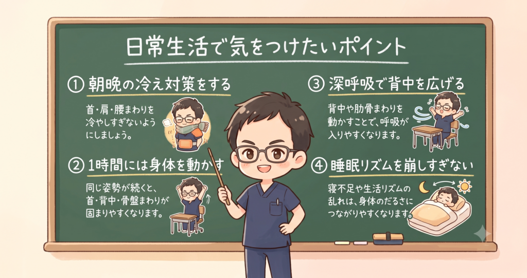 季節の変わり目の不調を予防するために日常生活で気をつけたいポイントを解説したBTG接骨院 小牧院の図解画像
