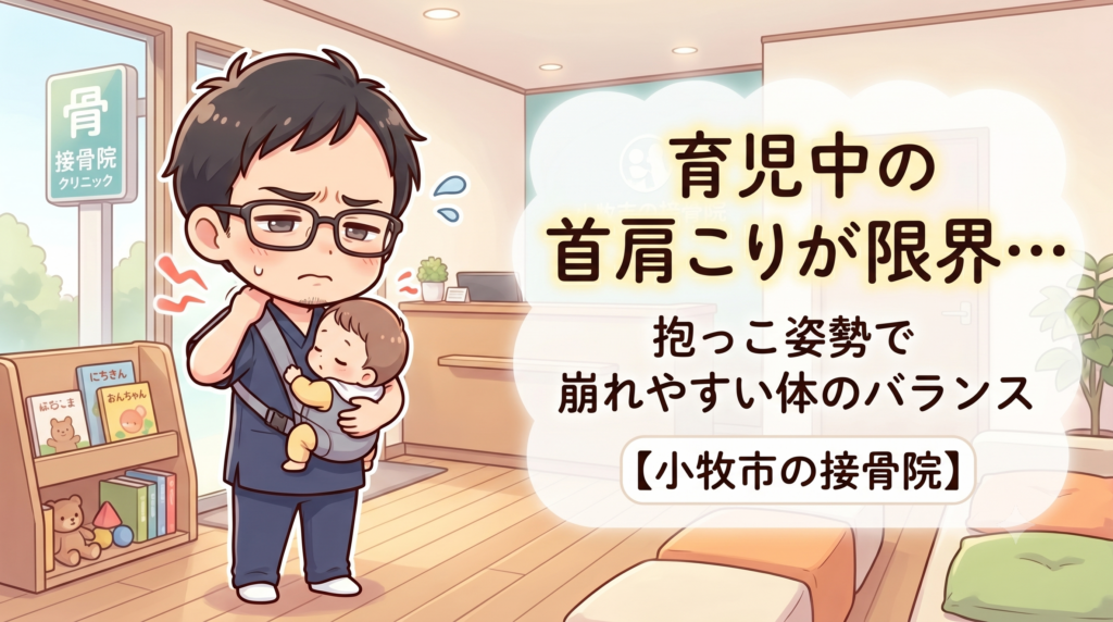 小牧市で育児中の首肩こりや抱っこ姿勢による体のバランスの崩れに悩む方へ、接骨院でのケアを紹介するアイキャッチ画像