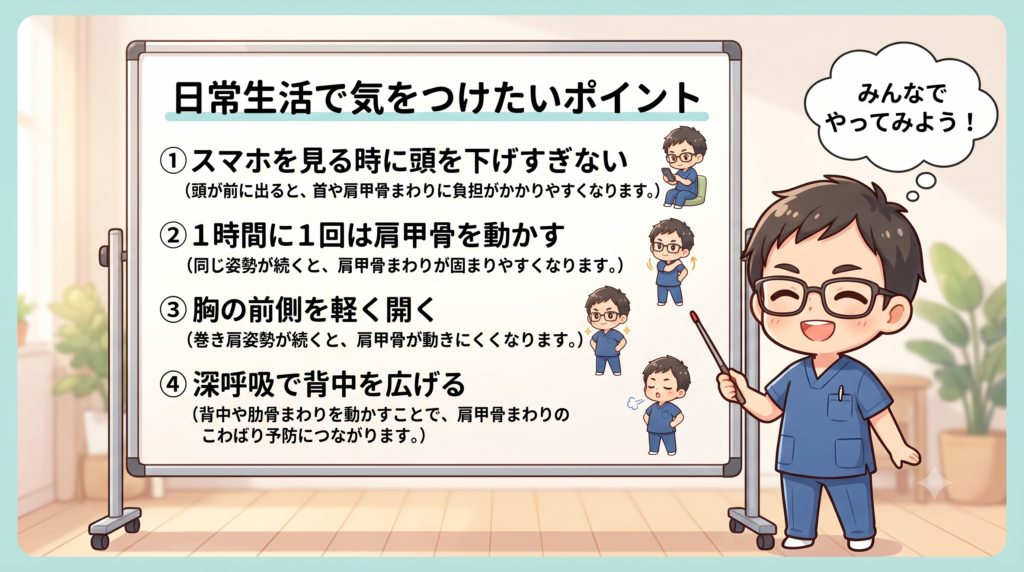 肩甲骨まわりの硬さを予防するために日常生活で気をつけたいポイントを解説したBTG接骨院 小牧院の図解画像