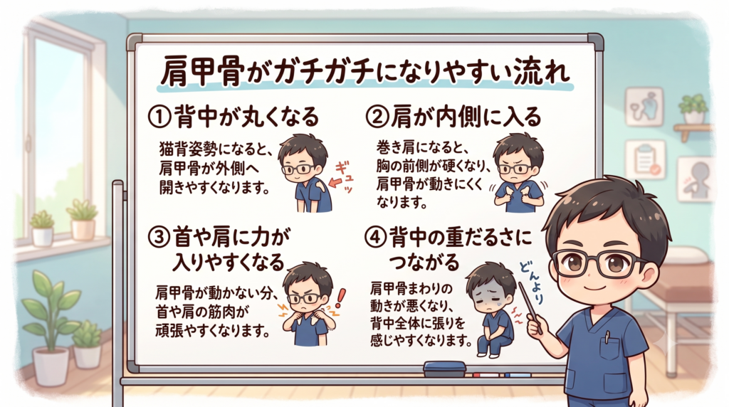 肩甲骨がガチガチになりやすい流れを解説した図解画像。猫背、巻き肩、首肩の力み、背中の重だるさとの関係を説明