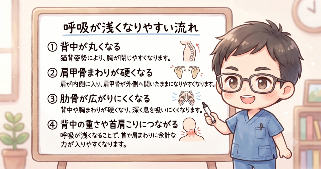 呼吸が浅くなりやすい流れを解説した図解画像。背中の丸まり、肩甲骨まわりの硬さ、肋骨の動きにくさ、首肩こりとの関係を説明