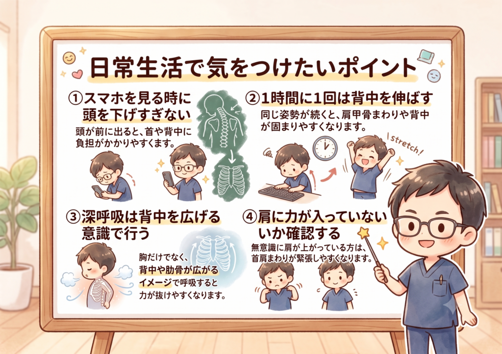 呼吸が浅い方や背中が重い方へ、日常生活で気をつけたいポイントを解説したBTG接骨院 小牧院の図解画像