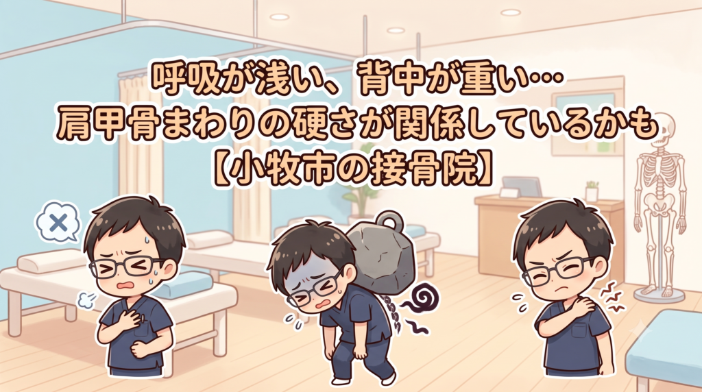 小牧市で呼吸が浅い、背中が重いと感じる方へ、肩甲骨まわりの硬さとの関係を解説するBTG接骨院 小牧院のアイキャッチ画像