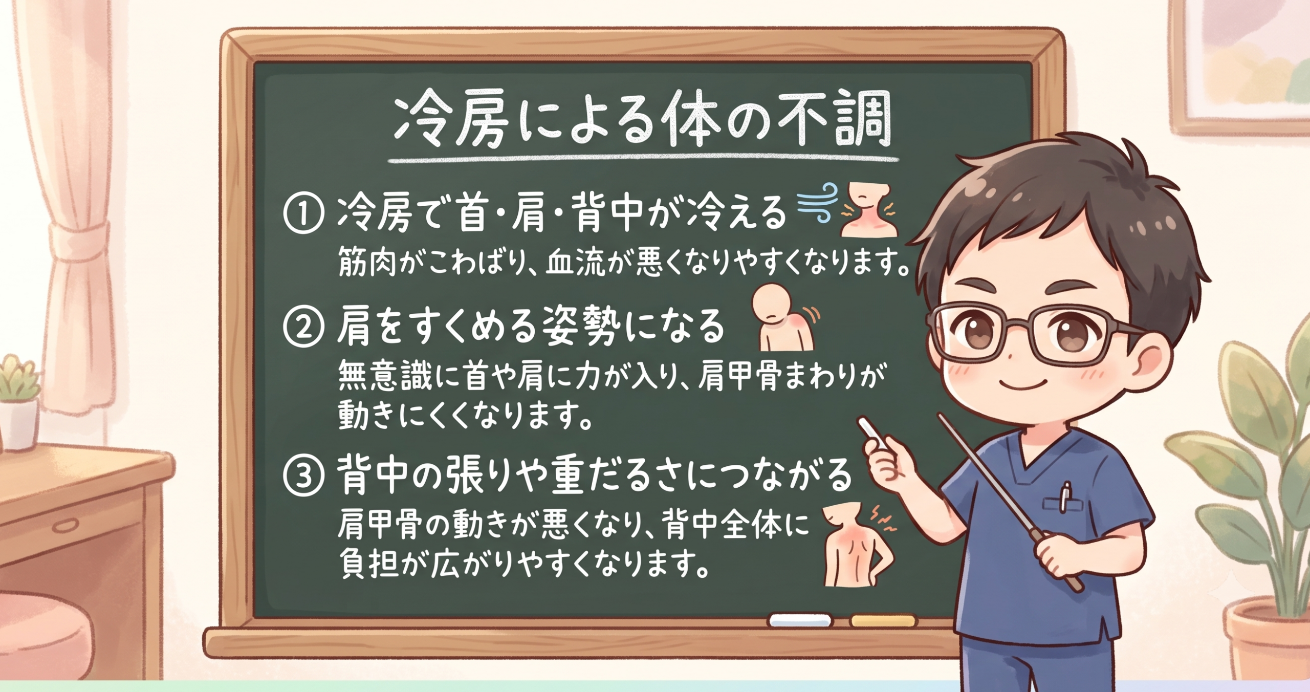 冷房で背中が張りやすくなる流れを解説した図解画像。冷え、肩をすくめる姿勢、肩甲骨まわりの硬さ、背中の張りにつながる流れを説明
