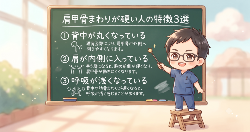 肩甲骨まわりが硬い人の特徴を解説した図解画像。背中が丸い、肩が内側に入っている、呼吸が浅いという3つの特徴を紹介