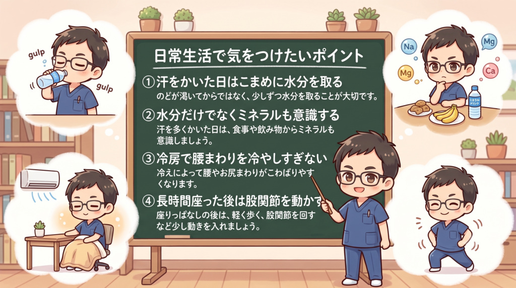 汗をかいた後の腰の重だるさを予防するために、日常生活で気をつけたいポイントを解説したBTG接骨院 小牧院の図解画像