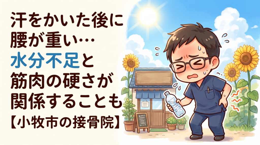 小牧市で汗をかいた後に腰が重くなる方へ、水分不足と筋肉の硬さの関係を解説するBTG接骨院 小牧院のアイキャッチ画像