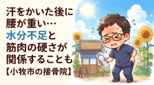 小牧市で汗をかいた後に腰が重くなる方へ、水分不足と筋肉の硬さの関係を解説するBTG接骨院 小牧院のアイキャッチ画像