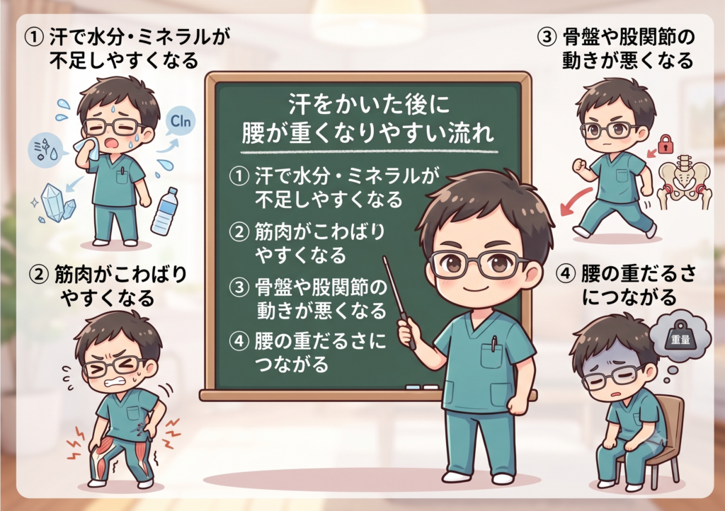 汗をかいた後に腰が重くなりやすい流れを解説した図解画像。水分・ミネラル不足、筋肉のこわばり、骨盤や股関節の動きの低下、腰の重だるさとの関係を説明