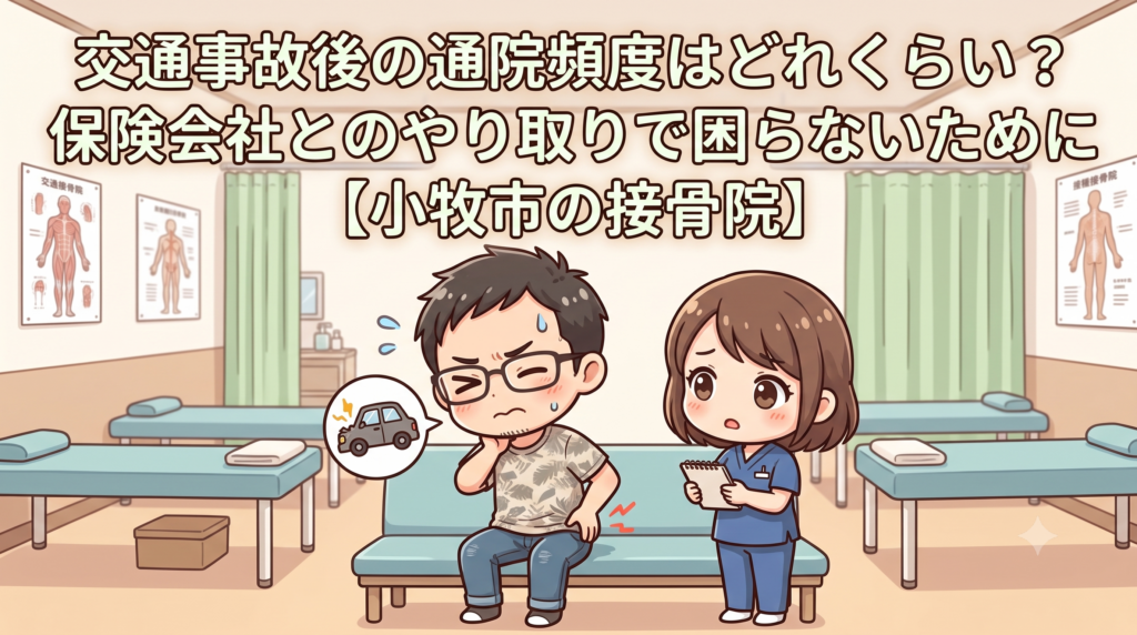 小牧市で交通事故後の通院頻度や保険会社とのやり取りについて解説するBTG接骨院 小牧院のアイキャッチ画像