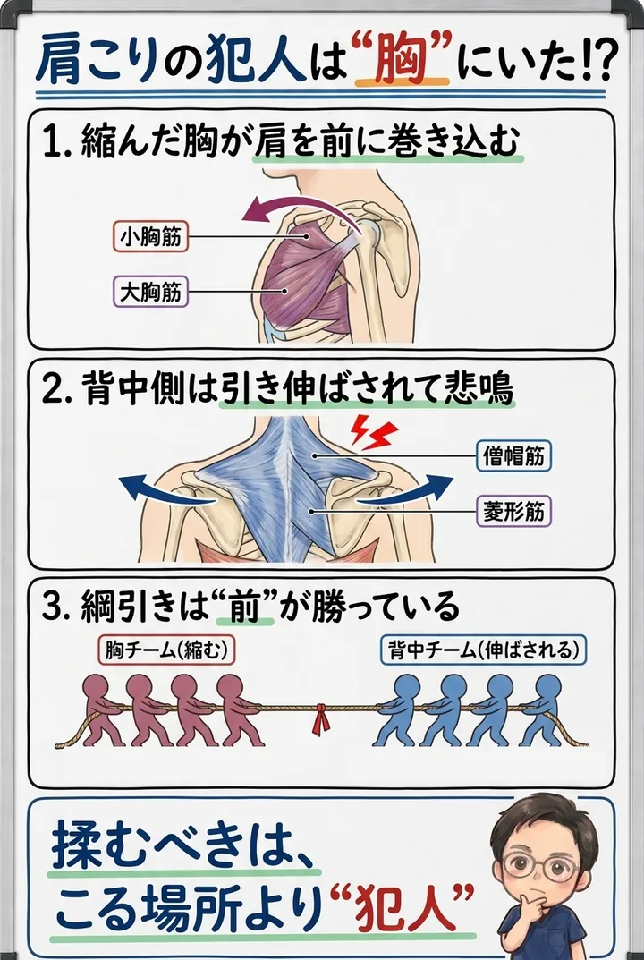 小牧市のBTG接骨院小牧院による、胸の筋肉が縮んで肩や背中の筋肉が引っ張られる肩こりの構造の図解イラスト