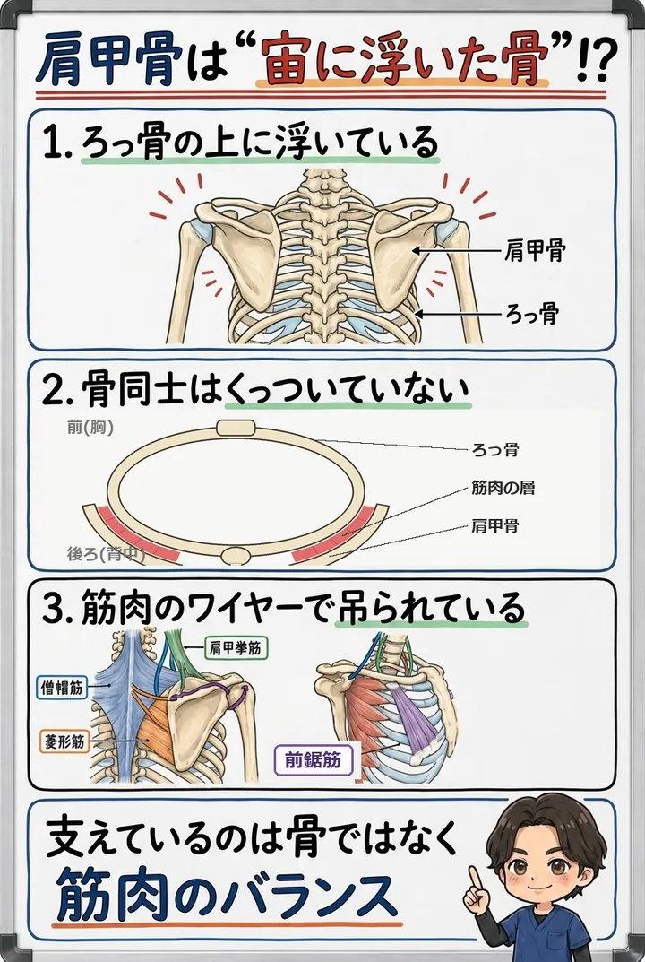 小牧市のBTG接骨院小牧院による、肩甲骨が肋骨の上に筋肉で吊り下げられて浮いている構造の図解イラスト