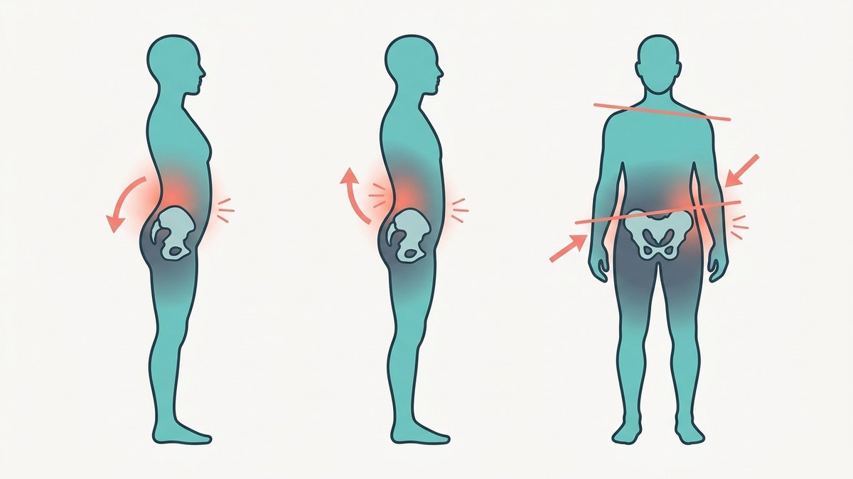 骨盤の傾きの3タイプ（前傾・後傾・左右差）を示した比較図解