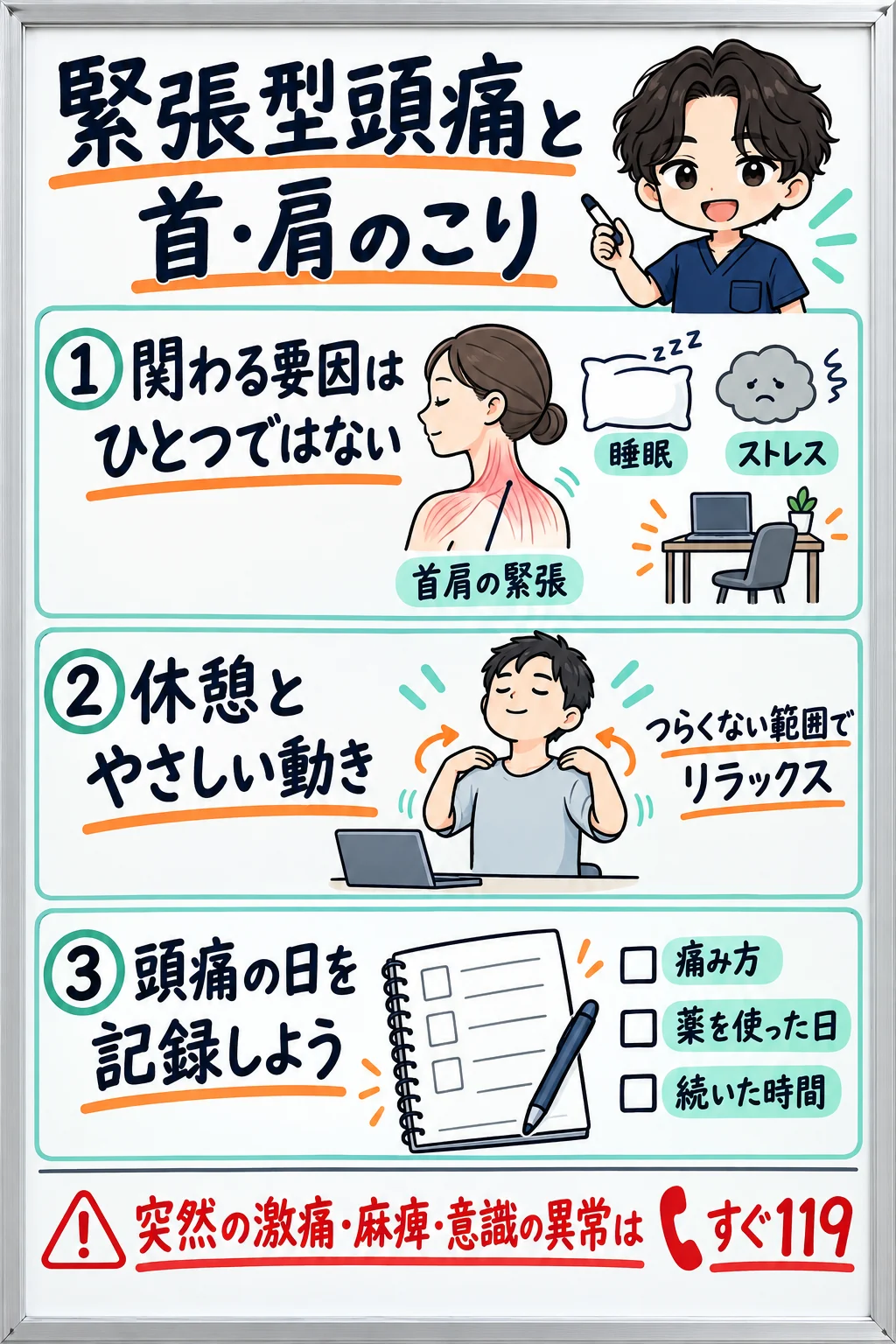 緊張型頭痛には首肩の緊張や睡眠など複数の要因が関わることと、休憩・受診の目安の図解