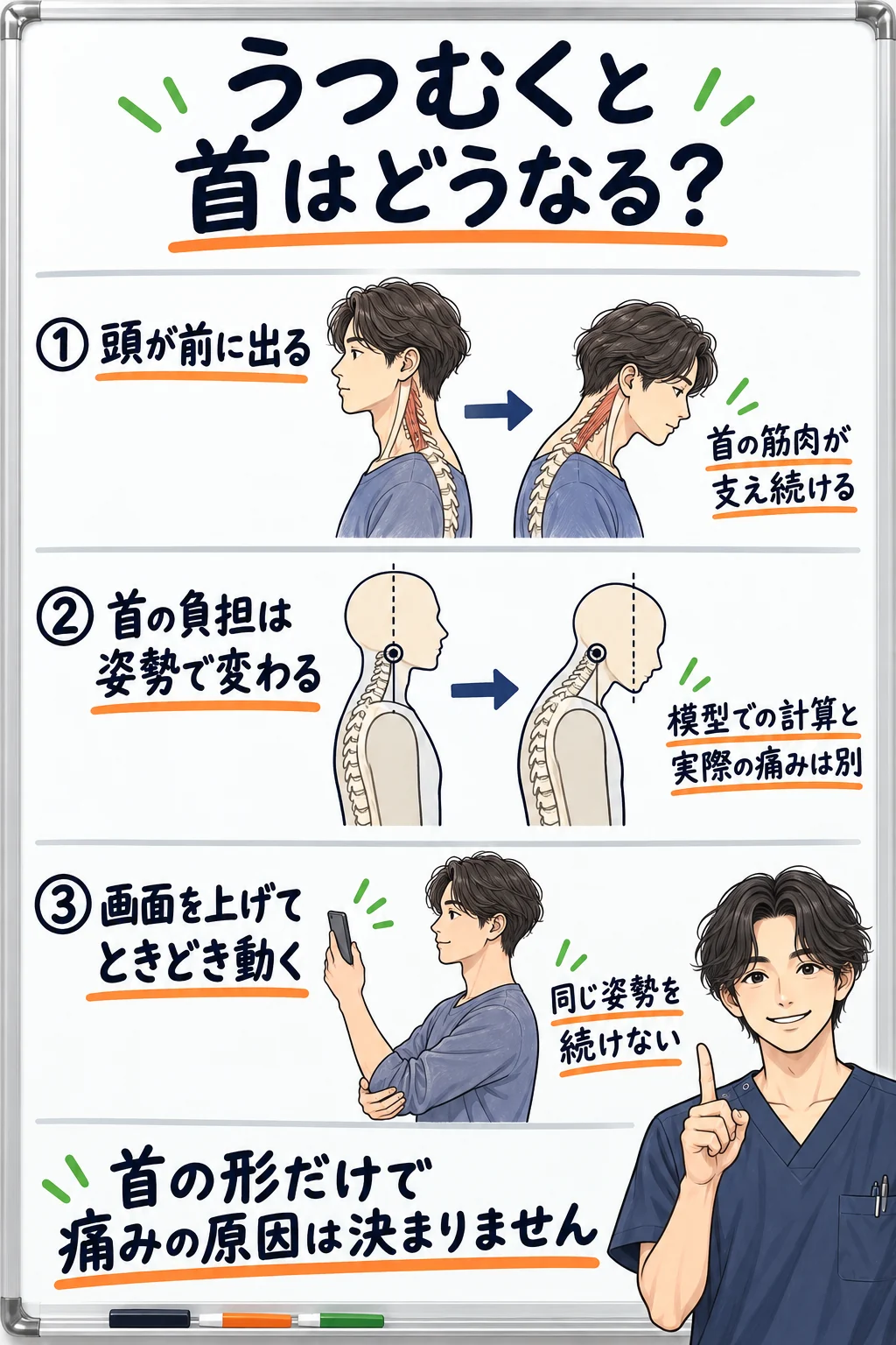うつむいた姿勢で首の筋肉が頭を支える仕組みと、スマホの高さや休憩の工夫の図解
