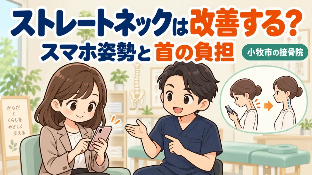 ストレートネックは改善する？スマホ姿勢と首の負担のアイキャッチイラスト