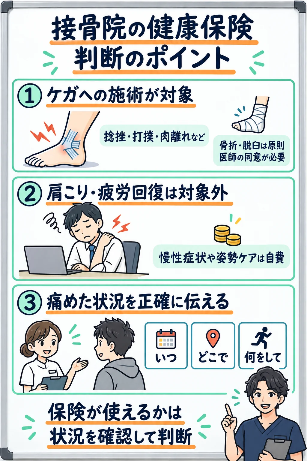 接骨院で健康保険の対象となるケガと対象外の慢性症状、負傷状況を伝えるポイントの図解